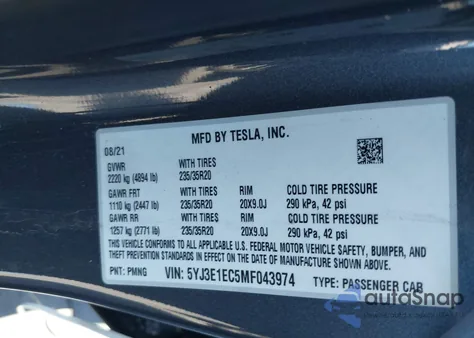 2021 Tesla Model 3 Performance Dual Motor All-Wheel Drive from USA, damaged, VIN 5YJ3E1EC5MF043974